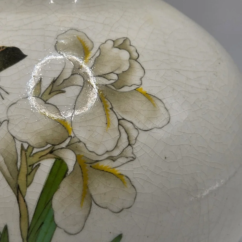 Vintage Satsuma Style Crackle Glaze Bud Vase Iris Butterfly Floral Ceramic Japan